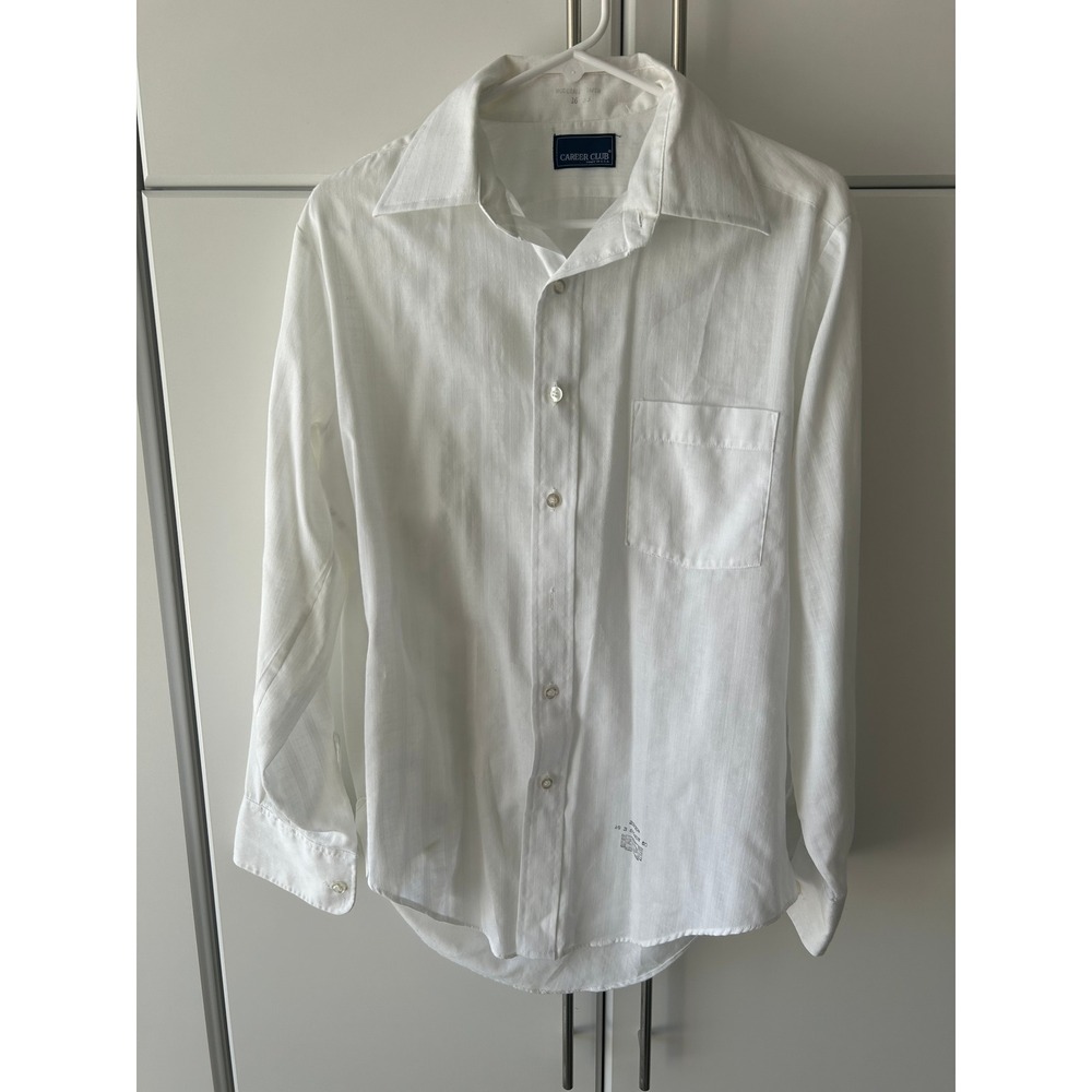 Vintage Career Club Mens White Dobby Stripe Button Down Shirt 16 33 Made in USA